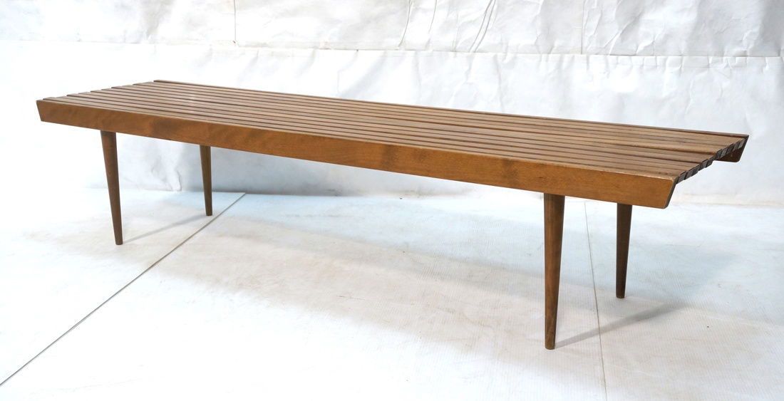 Long Modernist Slat Bench. Tapered peg legs (1 of 8)
