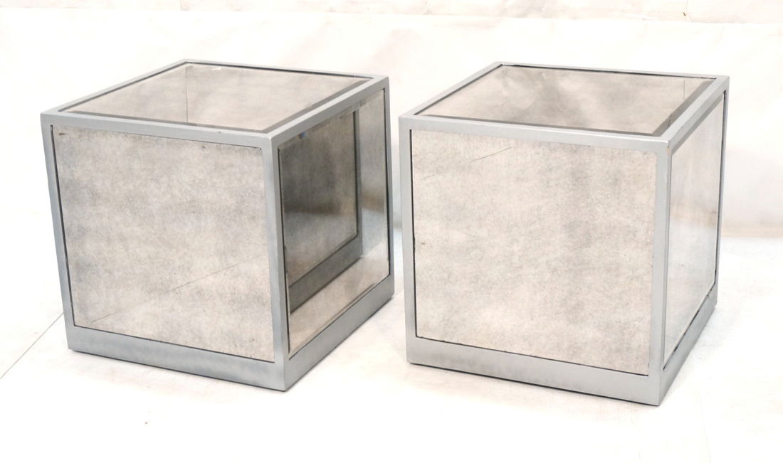 Pr Beveled Mirror Cube Tables. Painted silver cub (1 of 8)