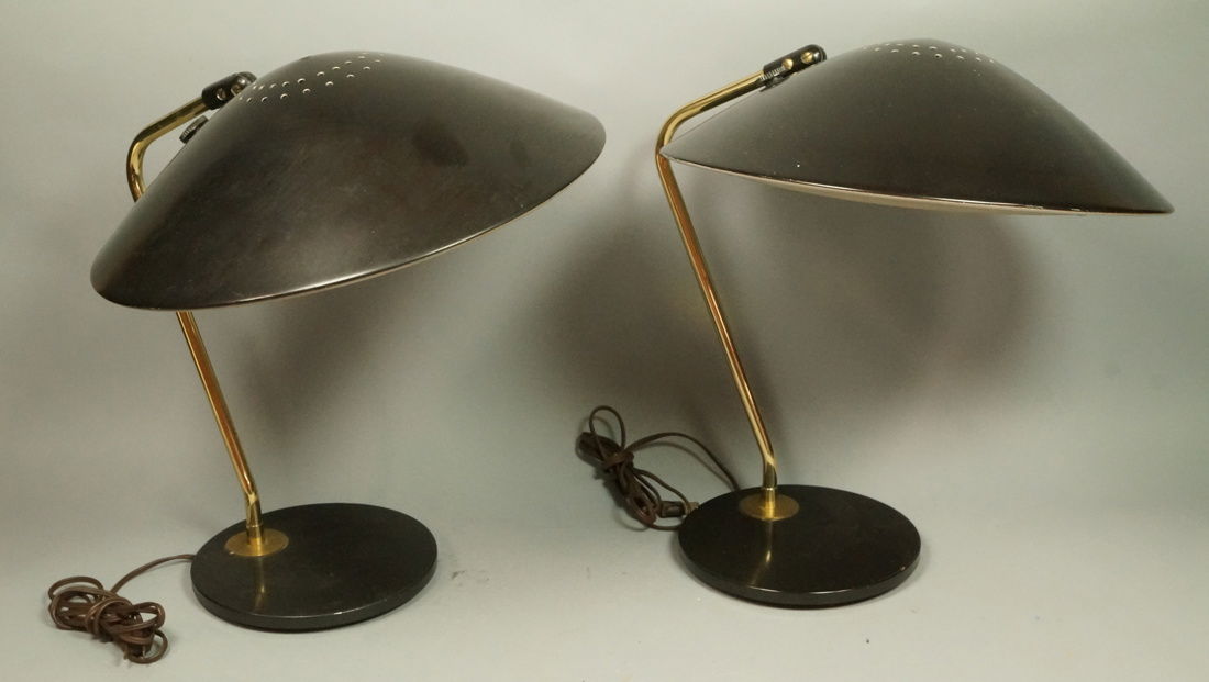 Pr LIGHTOLIER Black Metal Saucer Table Desk Lamps (1 of 10)