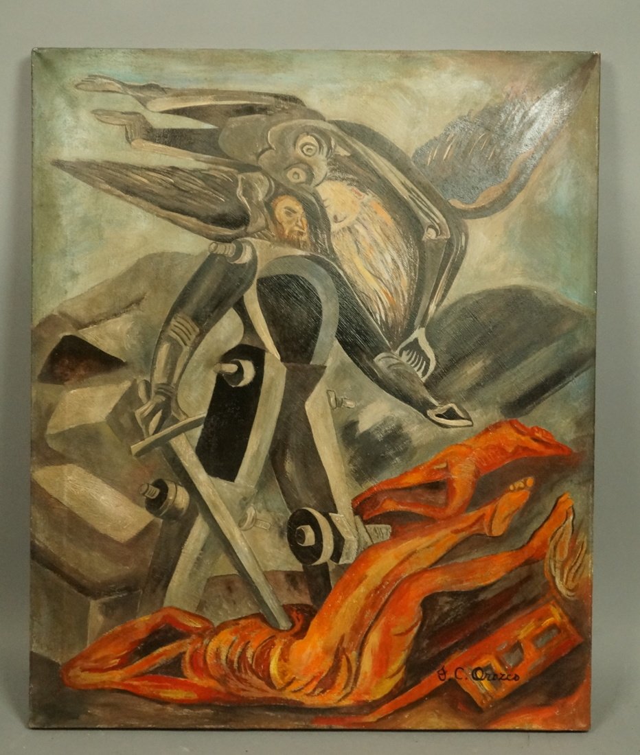 After J OROZCO Oil Painting. Winged Robots vanqui: After J OROZCO Oil Painting. Winged Robots vanquish Red nude figures. Signed.-- Dimensions: Image Size: H: 23.5 inches: W: 20 inches ---