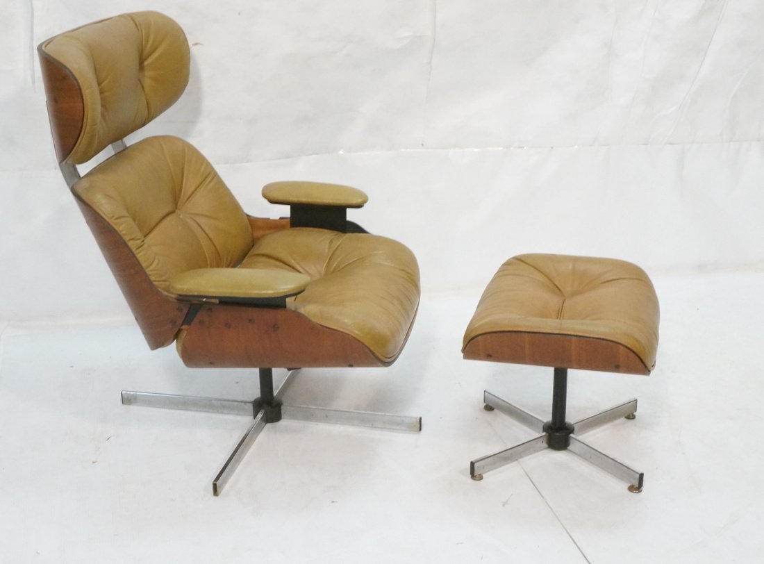 SELIG Light Brown Leather Lounge Chair. Ottoman.: SELIG Light Brown Leather Lounge Chair. Ottoman. Molded Wood Frame. Swivels on Pedestal base. Marked.-- Dimensions: H: 39 inches: W: 31 inches: D: 30 inches ---