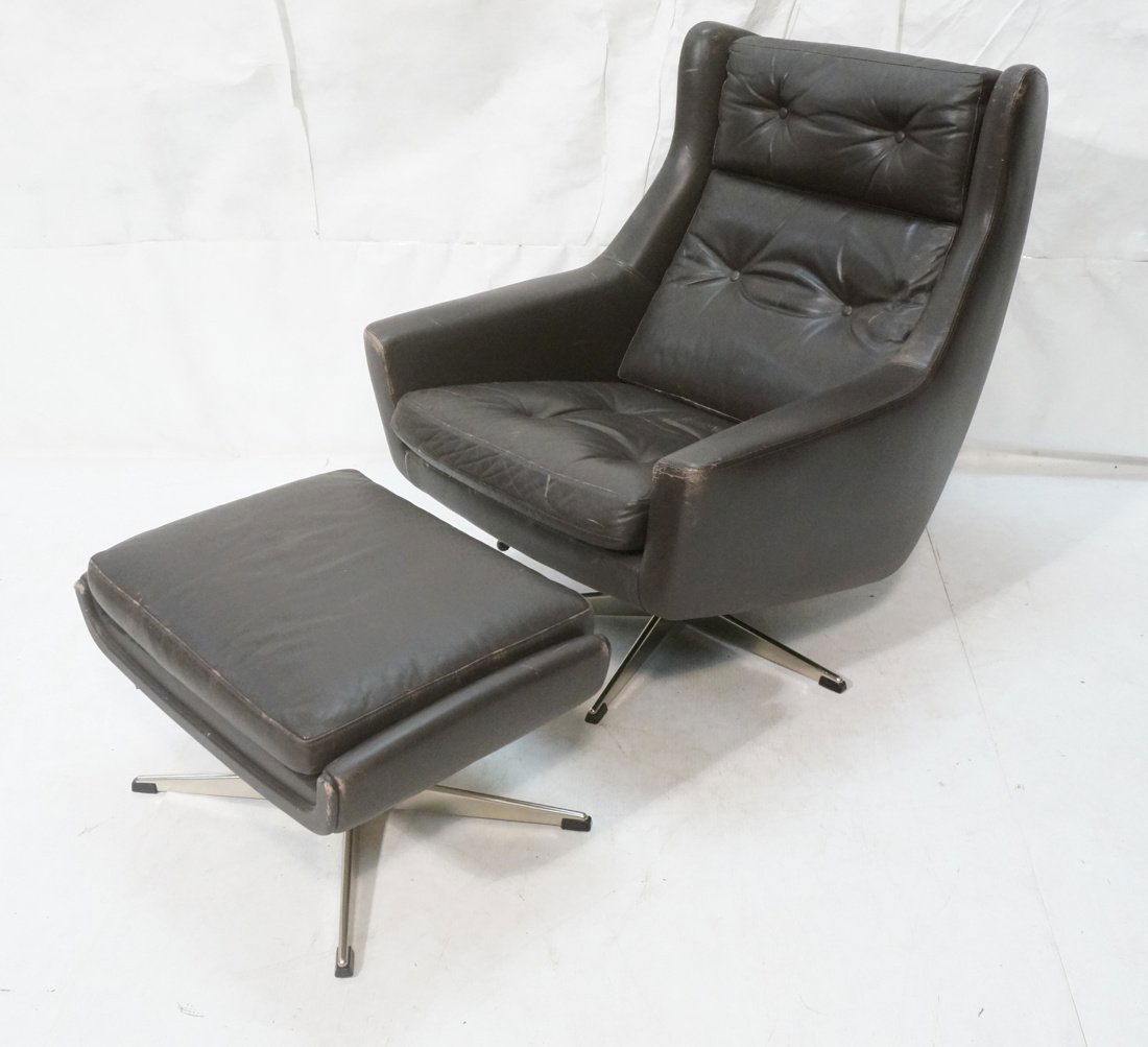 JOHN STUART Brown Leather Lounge Chair & Ottoman. (1 of 9)