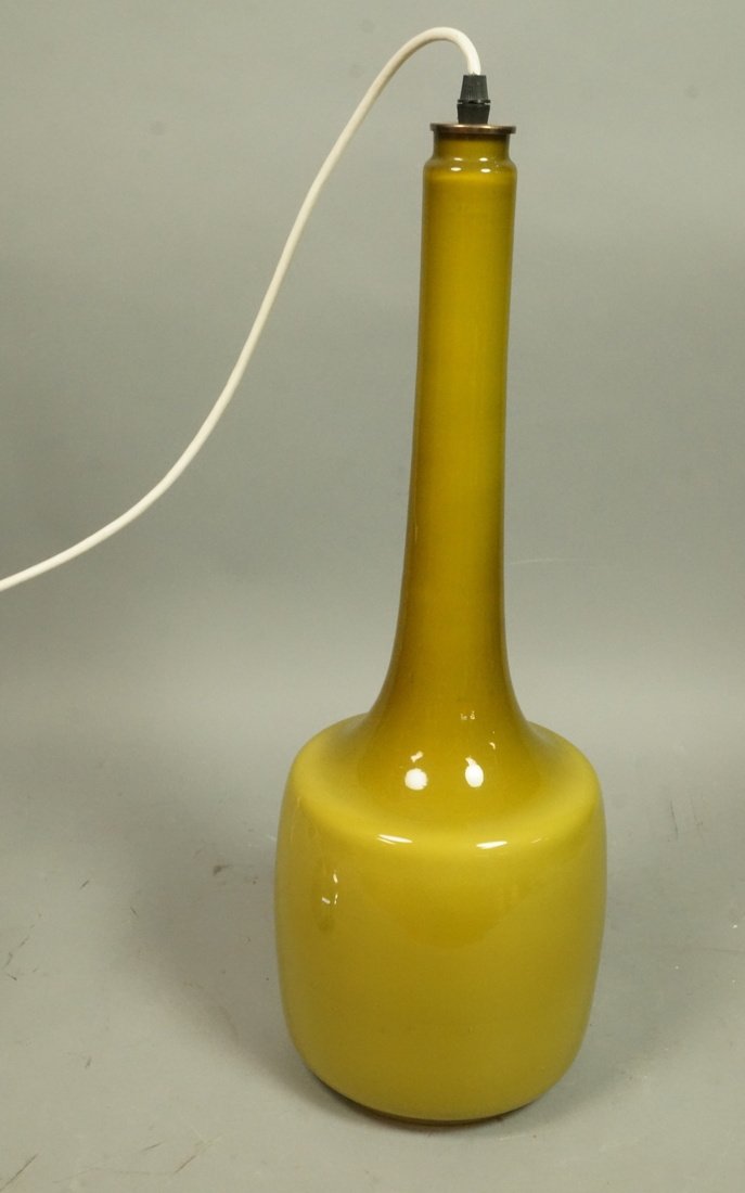 Hanging Cased Glass Hanging Pendant Lamp. Long Ne: Hanging Cased Glass Hanging Pendant Lamp. Long Necked Olive Green Glass Form. Glass element is 20.5"H x 7"D-- Dimensions: --- US Shipping charge: $50
