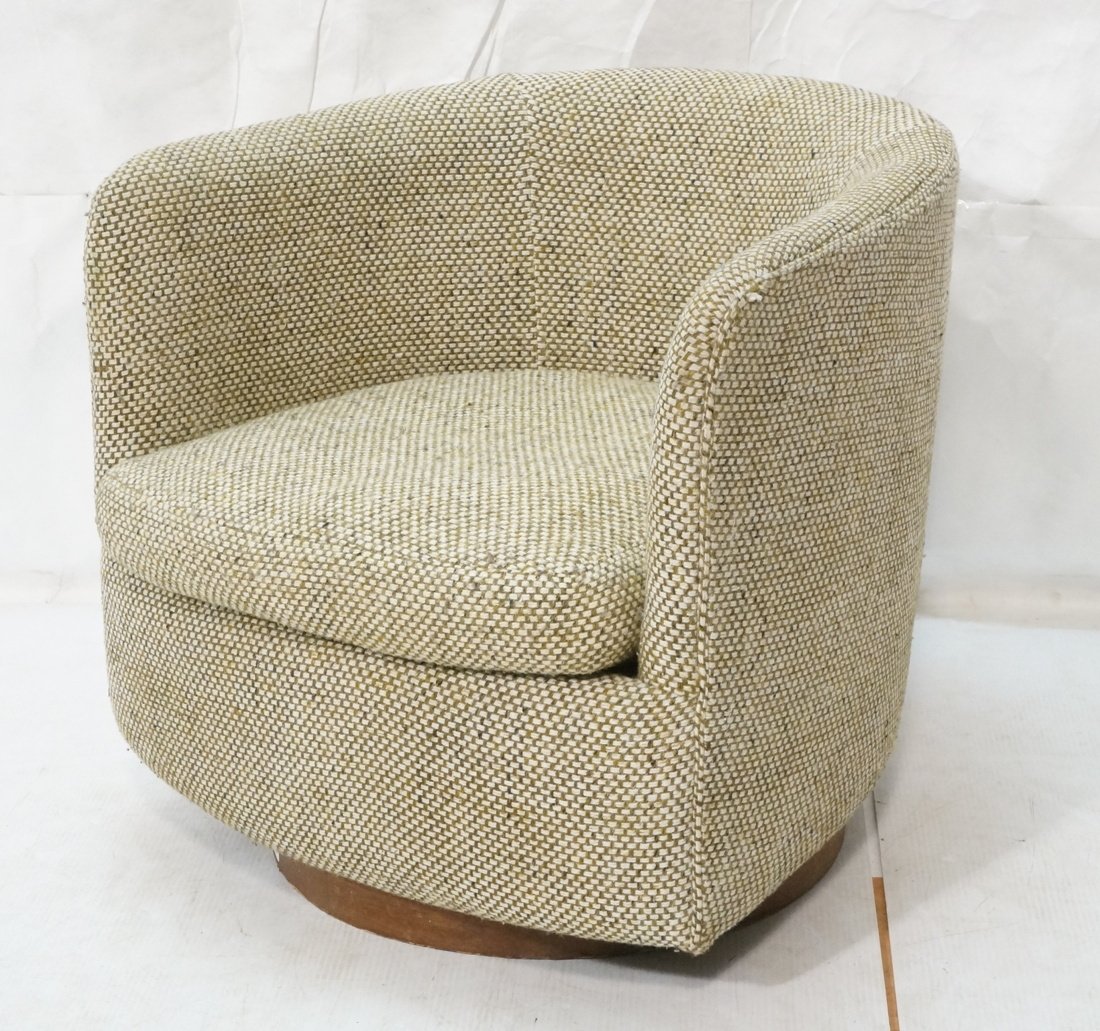 CARLTON HOUSE Swivel Lounge Chair. Barrel back s: CARLTON HOUSE Swivel Lounge Chair. Barrel back swivel chair on round wood skirt base. Brown & white tweed. Oscar Friedman label. -- Dimensions: H: 24.5 inches: W: 27 inches: D: 36 inches ---