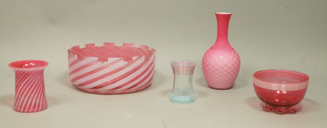 Lot 5 Pieces Cranberry Glass. Large bowl with tur (1 of 7)