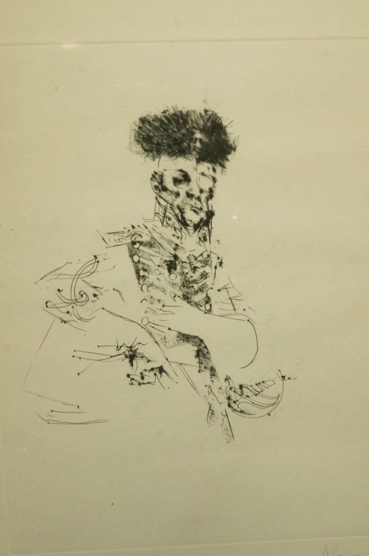 JACK LEVINE Engraved Print. "Portrait of Man". As: JACK LEVINE Engraved Print. "Portrait of Man". Associated American Artist label on back. Pencil signed & numbered 50/100-- Dimensions: Image Size: H: 22 inches: W: 14.75 inches ---