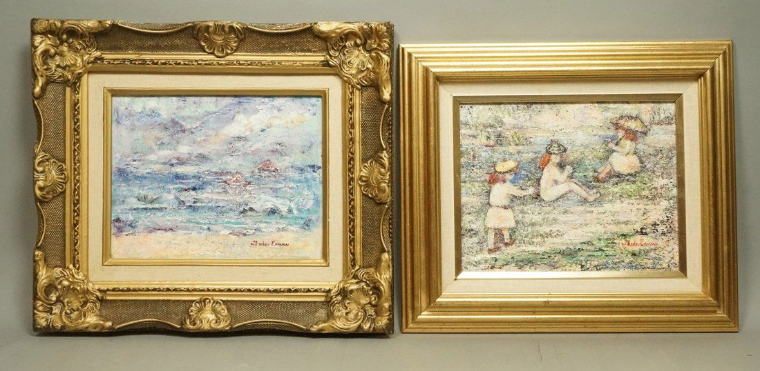 Two THEDA EVANS Small Oil Paintings. O/C. 1). Thr: Two THEDA EVANS Small Oil Paintings. O/C. 1). Three Children at Play with umbrella; "Tranquility". Signed. 2). Seascape with rocks. Signed. -- Dimensions: Image Size: H: 7.5 inches: W: 9.5 inches ---