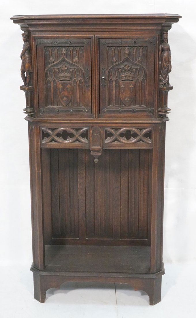 Carved Dark Oak Neo Gothic Standing Cabinet. Two (1 of 8)