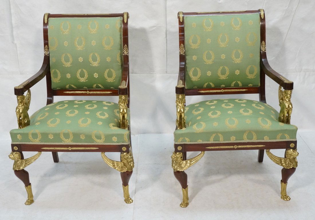 Pr Egyptian Revival Gilt Bronze Arm Chairs. Mahog (1 of 10)