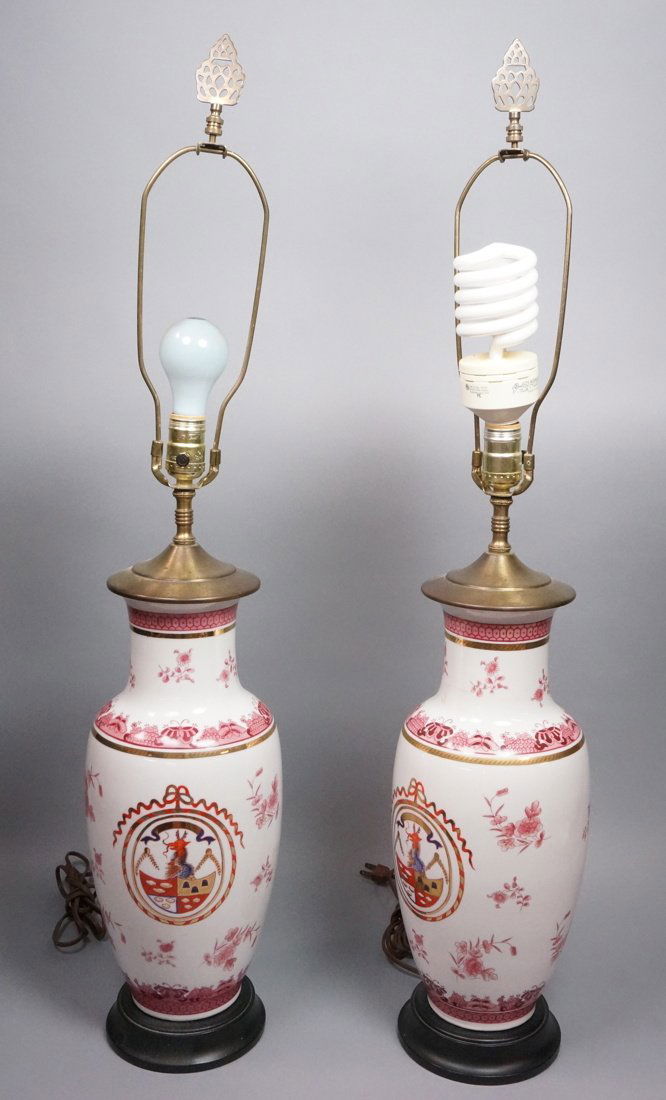 Pr Asian Porcelain Table Lamps. White body with p (1 of 7)