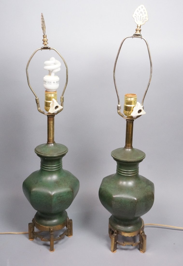 Pr Green Patina Metal Modernist Table Lamps.  Bra (1 of 9)