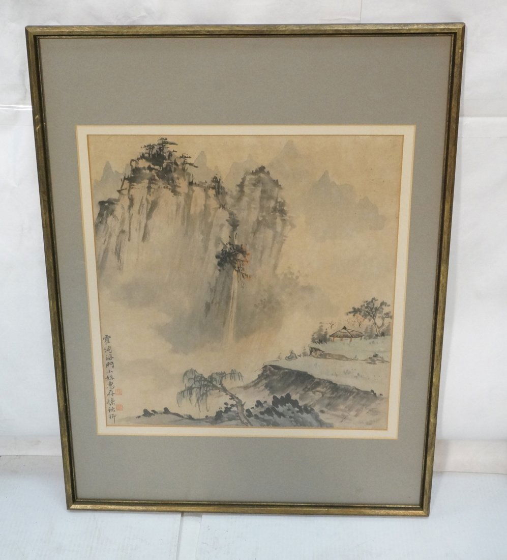 2pcs Asian Art. 1) Signed Watercolor of cliff & m (1 of 10)
