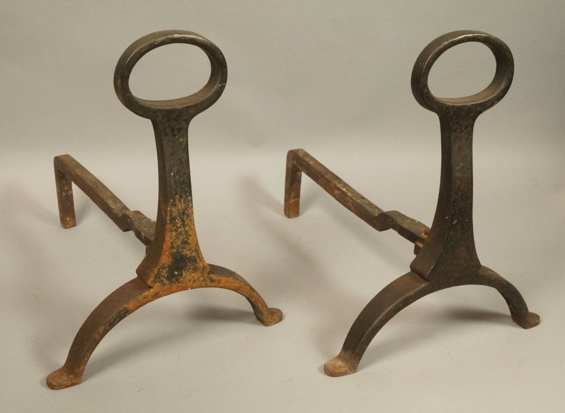 Pr Heavy Dark Iron Modern Mid Century Andirons. N: Pr Heavy Dark Iron Modern Mid Century Andirons. Not marked.-- Dimensions: H: 15.25 inches: W: 11 inches: D: 16.5 inches ---