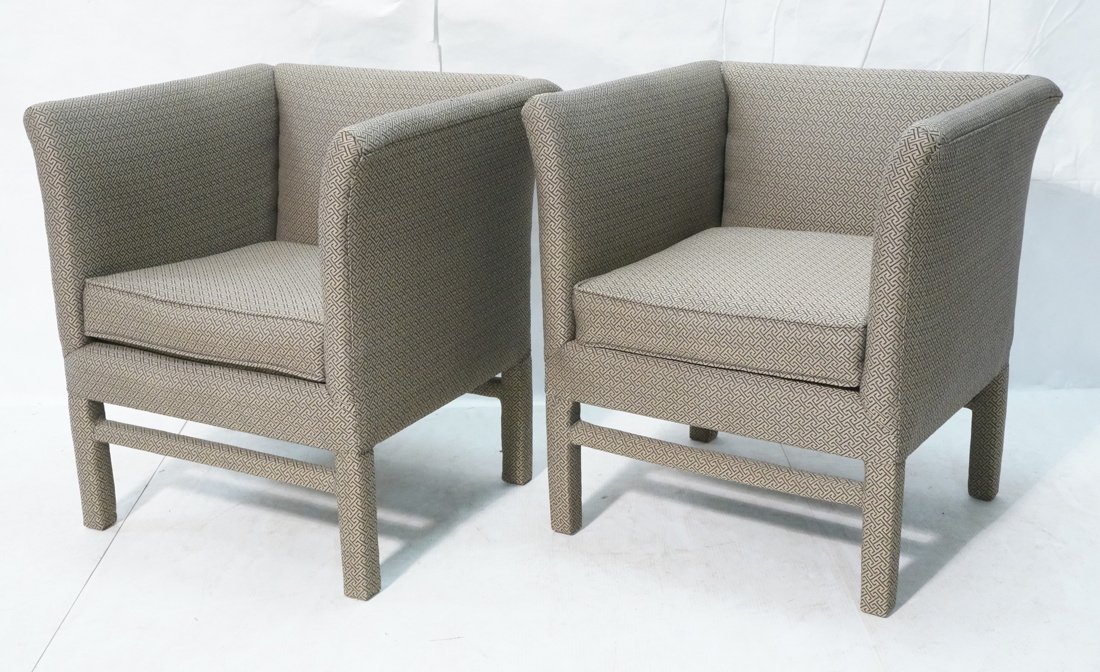 PR Brown Cube shape Club Chairs with geometric up: PR Brown Cube shape Club Chairs with geometric upholstery-- Dimensions: H: 29 inches: W: 26.5 inches: D: 25 inches ---