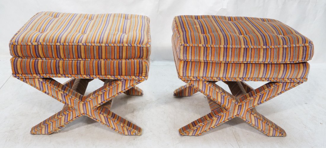 Pr Striped Fabric "X" Base Benches Stools. Billy (1 of 7)