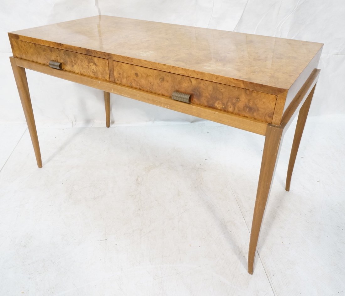 TOMMI PARZINGER Originals Burled Wood Desk. Burle: TOMMI PARZINGER Originals Burled Wood Desk. Burled wood Cabinet on wood frame with legs. Two drawers with metal pulls. Marked Parzinger Originals in drawer. -- Dimensions: H: 29 inches: W: 47 inches: 