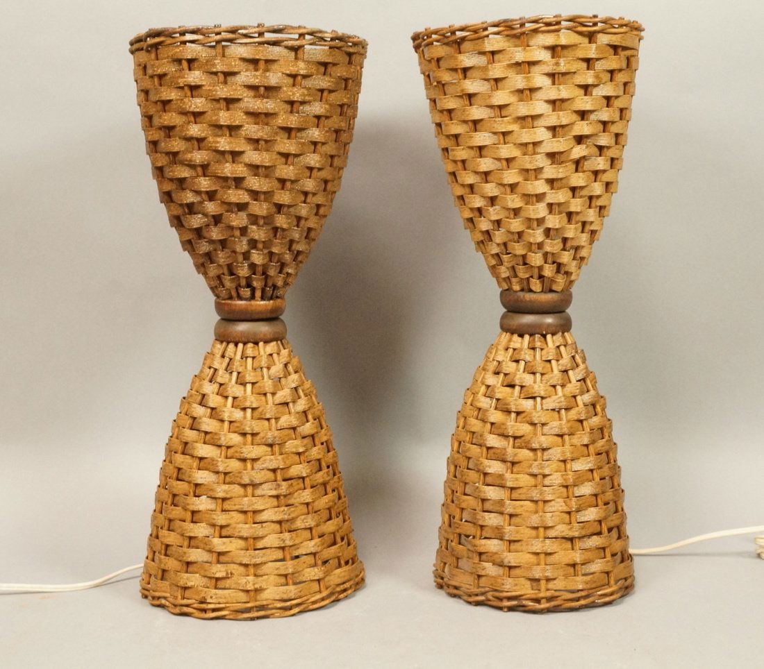 Pr Corseted woven wicker Table Lamps. Modernist L (1 of 9)
