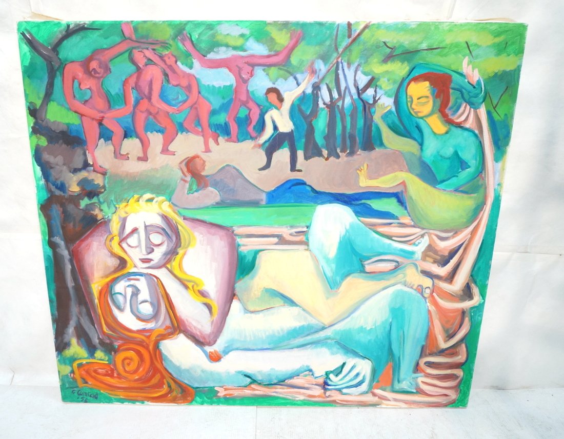 GEORGE CONRAD Oil Painting. Two Engaged Reclining: GEORGE CONRAD Oil Painting. Two Engaged Reclining Women. Nude Figures dancing in background. Signed G.. CONRAD 85. Original Oil on Canvas from artist's estate. Estate certificate of authenticity on ba