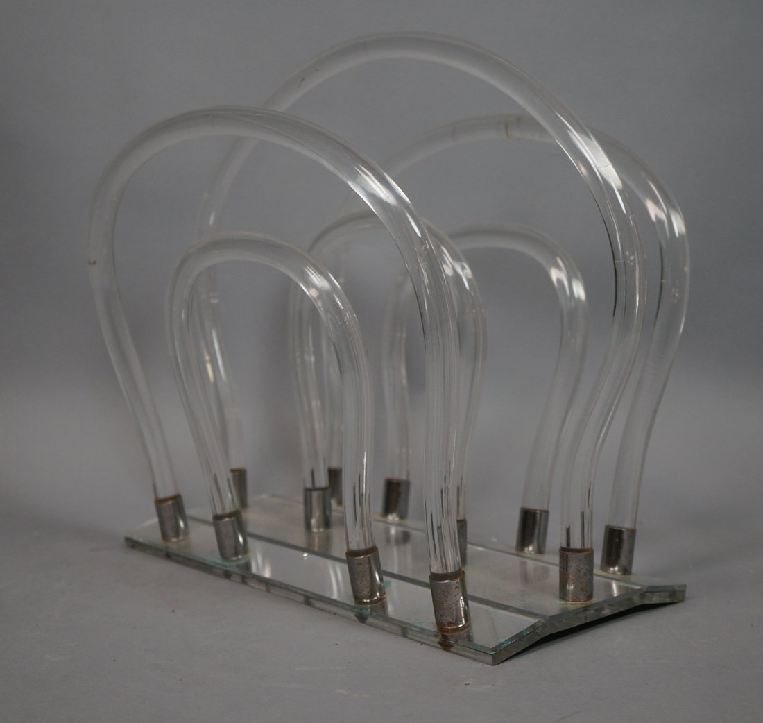 Dorothy Thorpe Style Magazine Rack. Lucite rods.: Dorothy Thorpe Style Magazine Rack. Lucite rods. Chrome accents. -- Dimensions: H: 12 inches: W: 15 inches: D: 9 inches ---