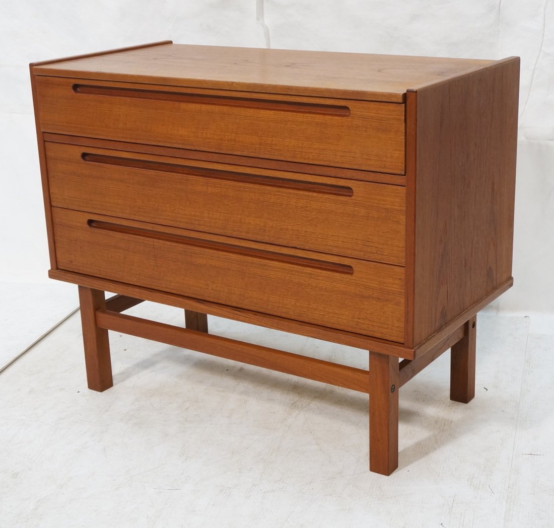 Danish Teak Modernist Vanity Chest. Three drawers: Danish Teak Modernist Vanity Chest. Three drawers. Top slides forward and lifts up. -- Dimensions: H: 29 inches: W: 35.5 inches: D: 17.5 inches ---