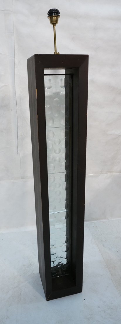 Tall Magiscope Glass Floor Lamp. Ebonized wood fr: Tall Magiscope Glass Floor Lamp. Ebonized wood frame supports 5 glass panes. One has engraved signature. -- Dimensions: H: 63 inches: W: 9.5 inches: D: 9.5 inches ---