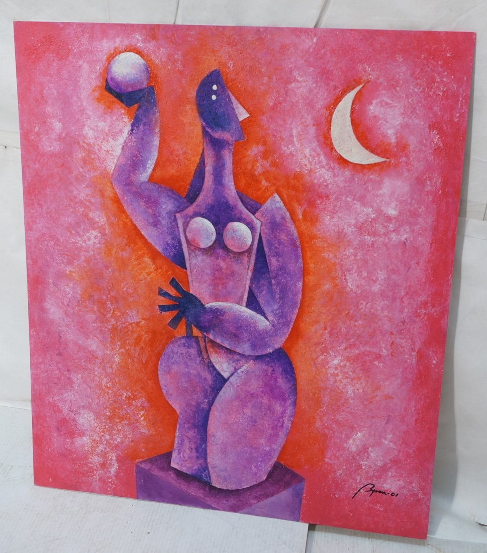 BYRON Oil Painting. O/B. Colorful Cubist Figural: BYRON Oil Painting. O/B. Colorful Cubist Figural Female with crescent moon. Signed & dated '01. -- Dimensions: Image Size: H: 27.75 inches: W: 23.5 inches ---