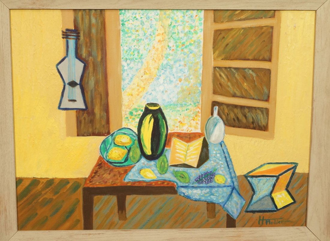 H. MOLLER Abstract Oil Painting. Still Life with: H. MOLLER Abstract Oil Painting. Still Life with guitar near window. Pointillist painting in window. Signed . O/C. #29-- Dimensions: Image Size: H: 17.5 inches: W: 23.5 inches ---