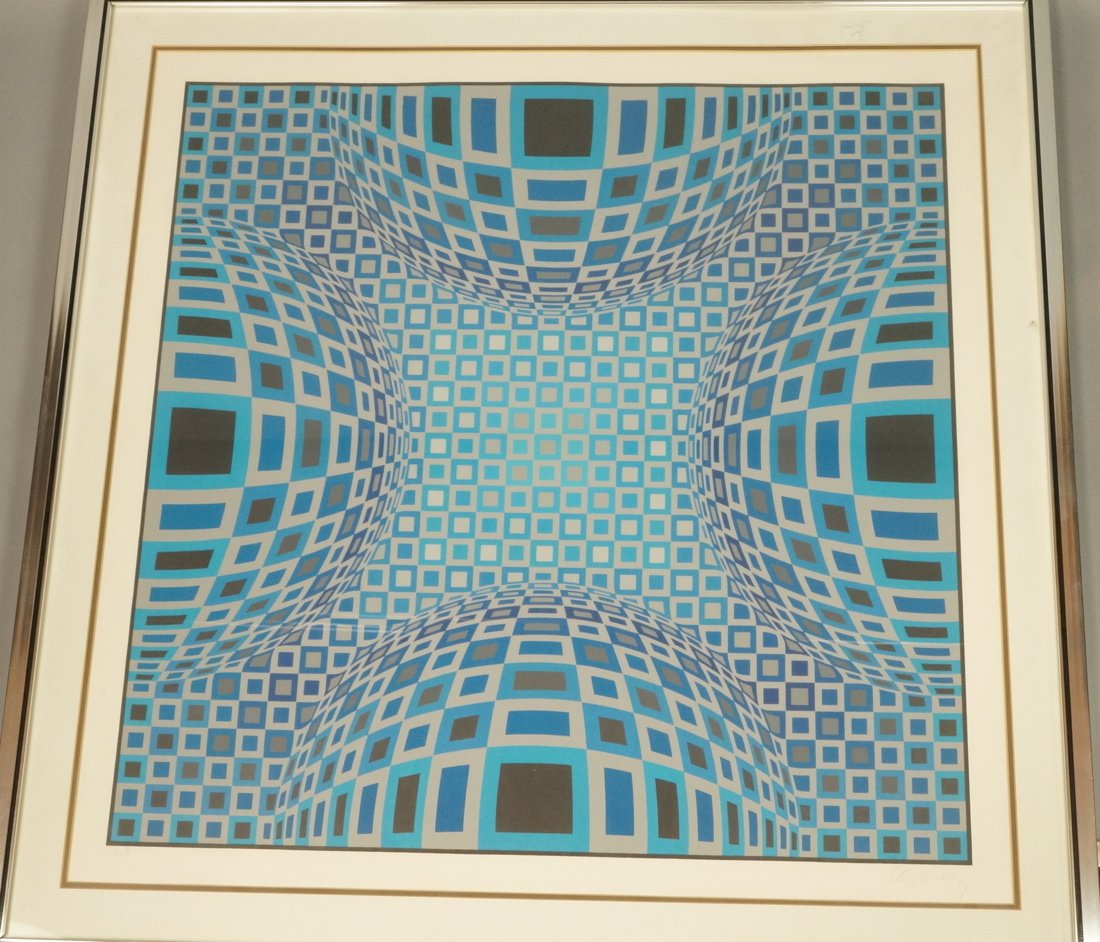 VASARELY Graphic Op Art Print. Blue, black & gray (1 of 7)