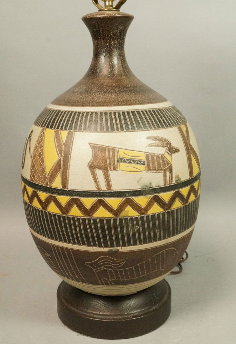 Large Pottery Lamp with incised and colored anima (1 of 6)