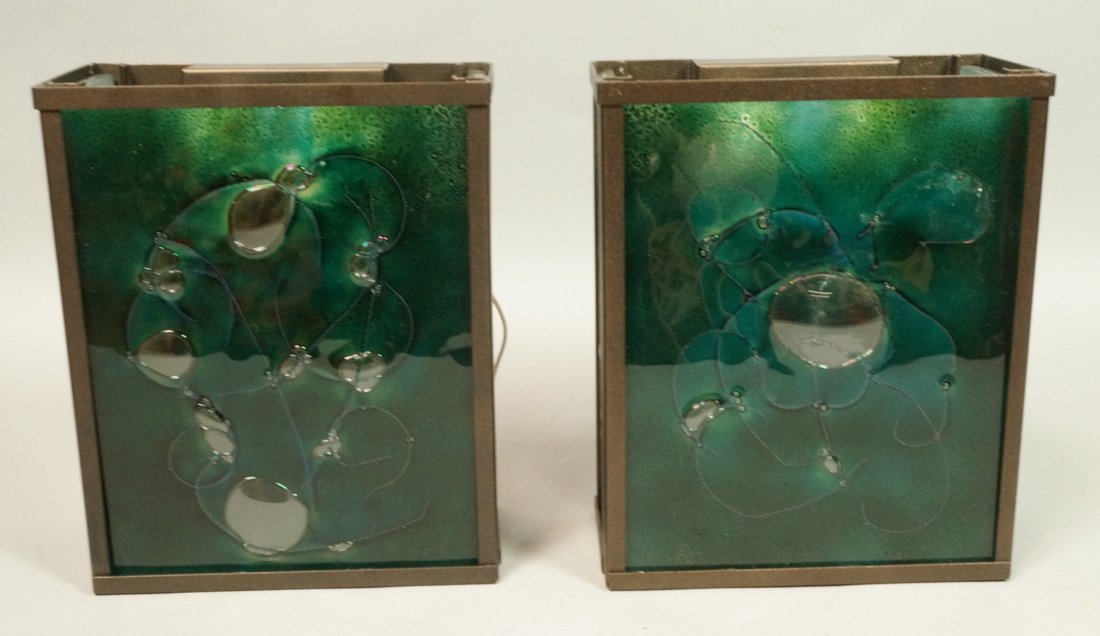 Pr Fused Glass Wall Sconces. Metal frames with gr: Pr Fused Glass Wall Sconces. Metal frames with green glass panels -- Dimensions: H: 10 inches: W: 8.25 inches: D: 4 inches ---