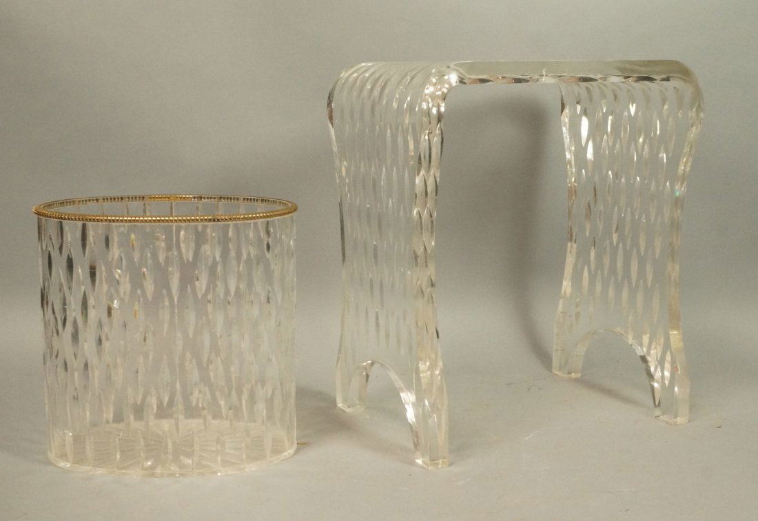 2 pc Lucite Waste Can and Stool. Almond recessed (1 of 7)