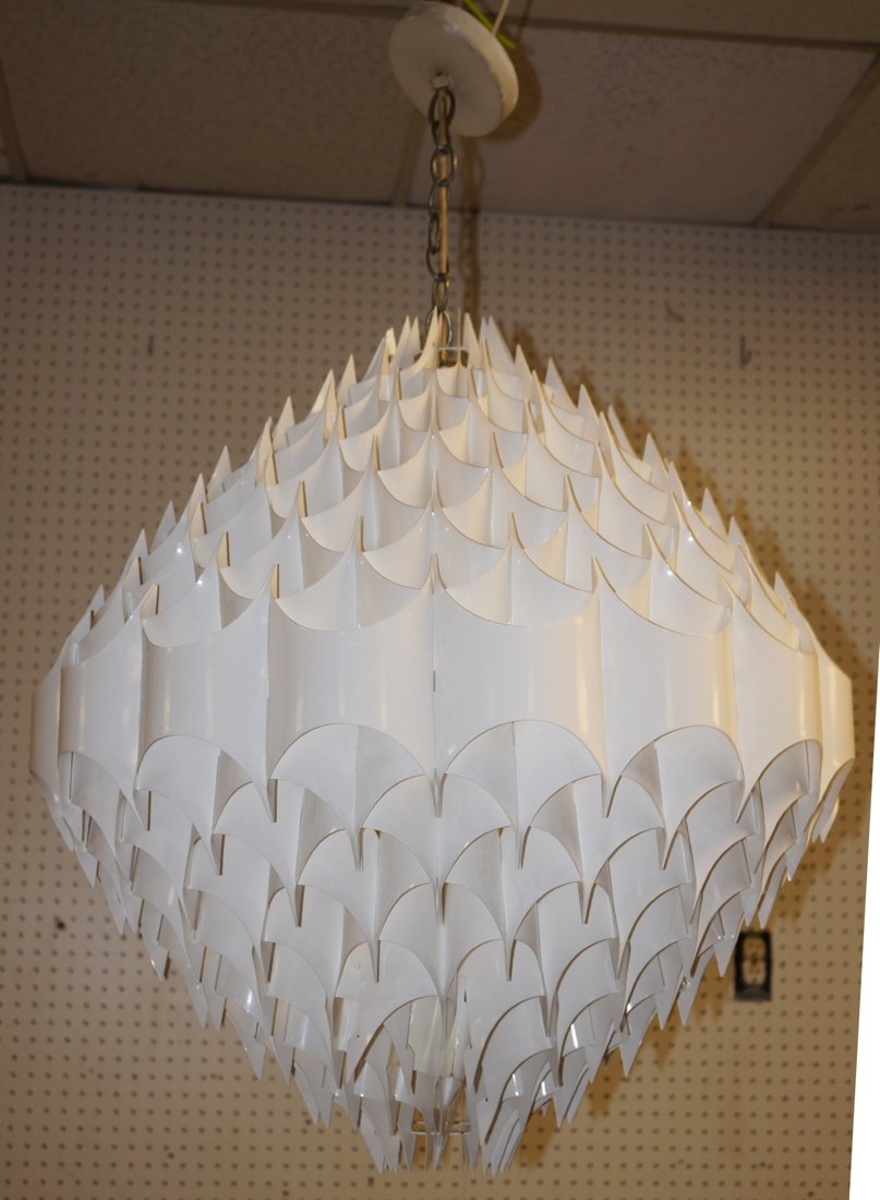 70s Modernist Large Plastic Honeycomb Chandelier.: 70s Modernist Large Plastic Honeycomb Chandelier. Hanging light. Single bulb.-- Dimensions: H: 24 inches: W: 24 inches: D: 24 inches ---