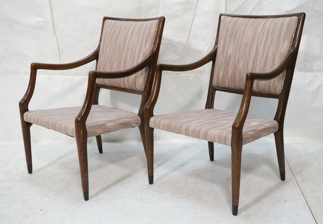 Pr Dark Wood Open Arm Side Chairs. Striped Multi (1 of 10)