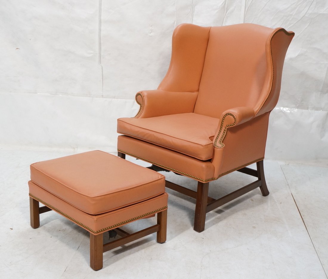 Pink Vinyl Wing Chair & Ottoman. Brass Stud trim. (1 of 8)