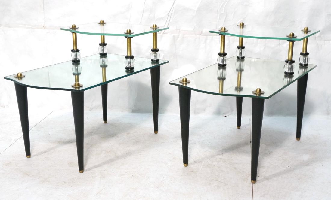 Pr Modern Wood Glass Mirrored Step Tables. Decora: Pr Modern Wood Glass Mirrored Step Tables. Decorator style with shaped glass level above shaped mirror level. Tapered wood legs. Brass, ebonized and glass ball elements.-- Dimensions: H: 24 inches: W: