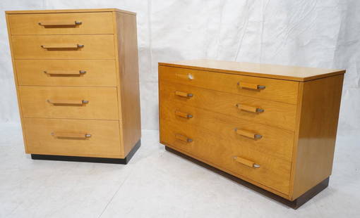 2 Pc ELIEL SAARINEN High and Low Dressers. Eboniz: 2 Pc ELIEL SAARINEN High and Low Dressers. Ebonized black skirted base. Tall Chest has five drawers and low chest has four drawers with wood and aluminum pulls. Designed by Johnson Furniture, 1948. Bo