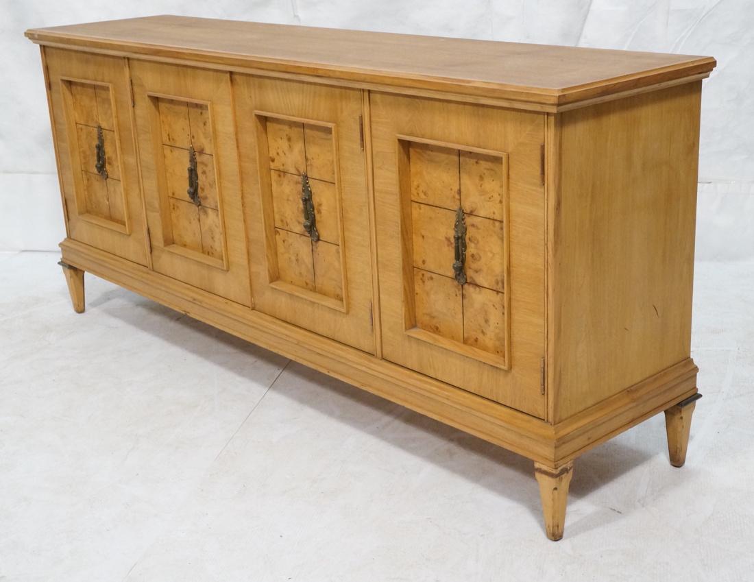 MASTERCRAFT Attrib. Four Door Sideboard Credenza.: MASTERCRAFT Attrib. Four Door Sideboard Credenza. Doors with recessed burl wood panels and stylish metal pulls. Raised on legs. Not marked. -- Dimensions: H: 32 inches: W: 72 inches: D: 17.5 inches --