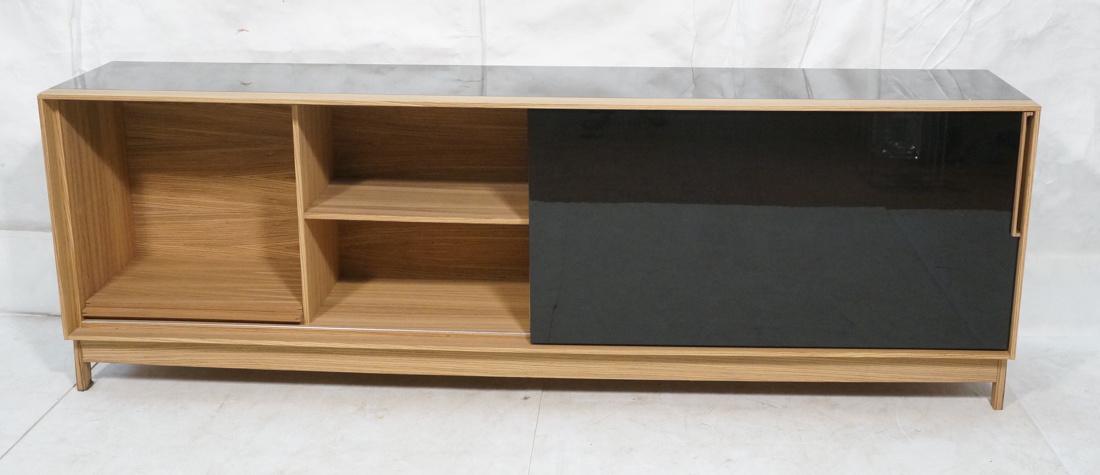 Black Lacquered Striped Exotic Wood Long Credenza: Black Lacquered Striped Exotic Wood Long Credenza Sideboard. Single sliding door with interior shelves. -- Dimensions: H: 30.75 inches: W: 93.25 inches: D: 19 inches ---