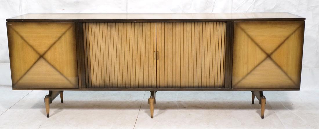 Italian Style Blond Wood Tambour Door Credenza Si: Italian Style Blond Wood Tambour Door Credenza Sideboard. Two shaped triangle doors. Two center tambour doors. Blond wood with airbrushed dark trim.-- Dimensions: H: 34.25 inches: W: 96.25 inches: D: 