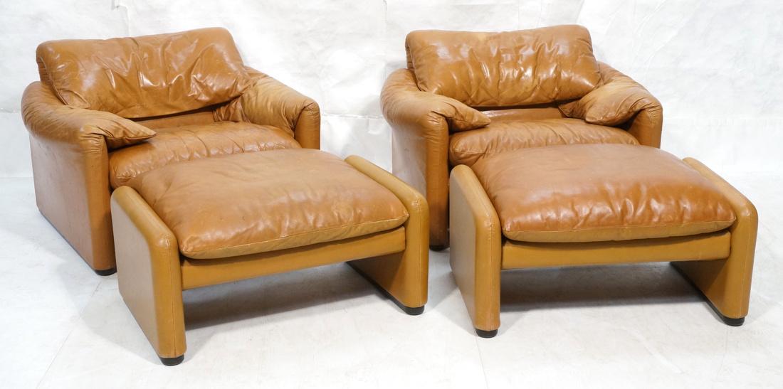 Pr Caramel Leather Lounge Chairs with Ottomans. Cassina (1 of 10)