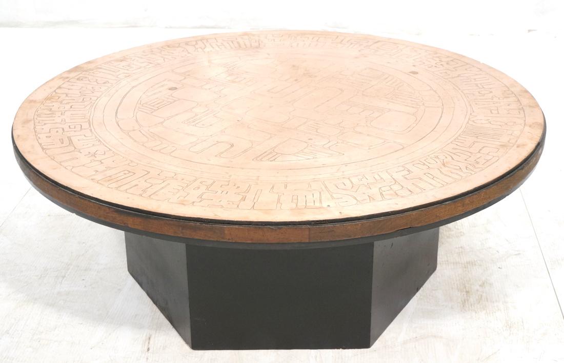 Italian Round Etched Copper Table Top Signed. On (1 of 8)