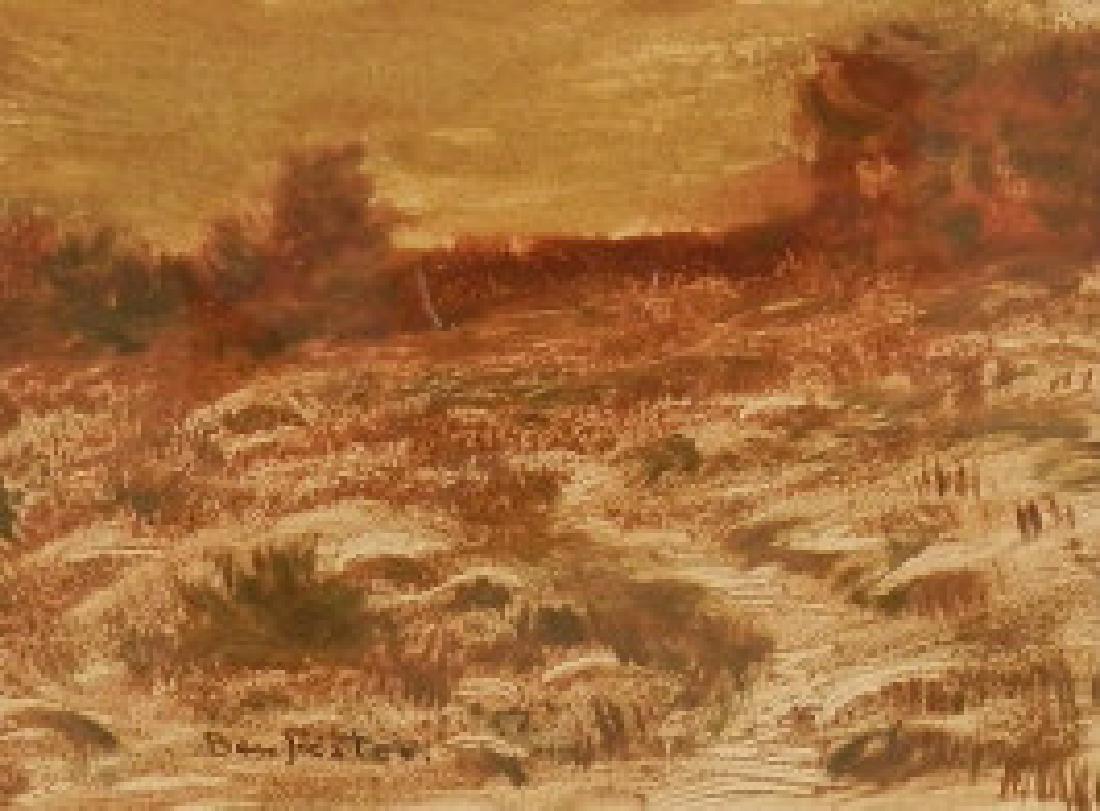 Art - Ben FOSTER (1852-1926, American): Ben Foster, Landscape, monoprint, in sepia and brown, signed in plate, 4 1/4” x 5 1/2” (10.8 x 14 cm), framed behind glass, condition: good. Ben Foster, Paysage, mono-gravure, en sepia et brun, si