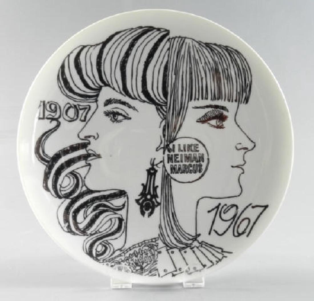 Art - Piero FORNASETTI (1913-1988, Italian): Piero Fornasetti, a porcelain plate designed to celebrate the 60th Anniversary of Neiman Marcus in 1967, marked, excellent condition, 9 3/8 inches diameter.