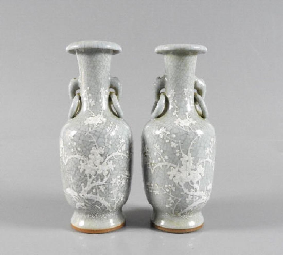 PAIR OF PLUM BLOSSOM CELADON VASES C. 1900 (1 of 12)