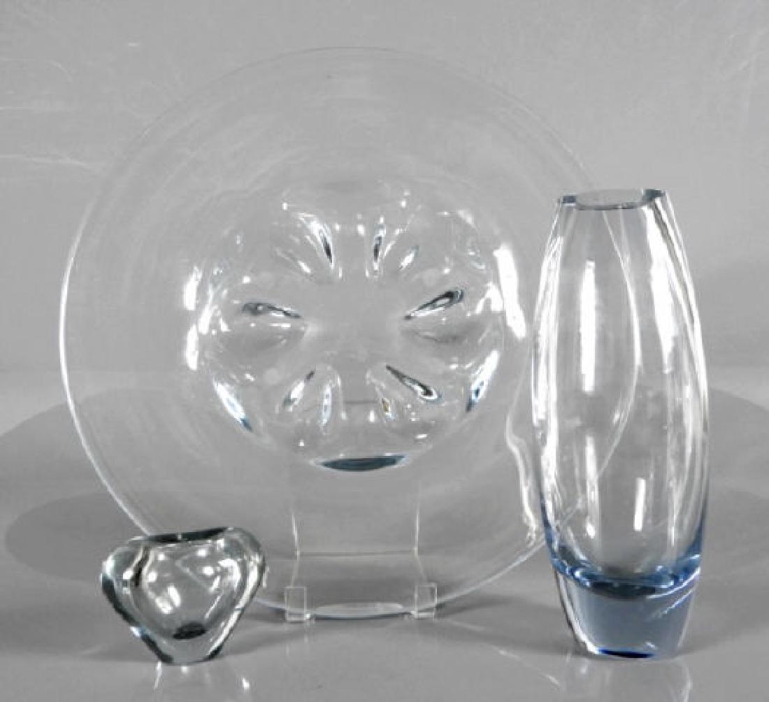 MCM ART GLASS: Three pieces of Mid-Century modern glass: a tall Holmegaard vase and a squat example plus a Scandinavian charger marked "OF", 13 1/2 inches diameter.