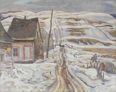 ART - A. Y. JACKSON CC CMG (1882-1974, CAN): Alexander Young Jackson, CC, CMG, print, "Early Spring, Quebec", circa 1945, signed in the plate, framed, M. Matthews Bros. Limited label verso, 19 x 23 1/2 inches.