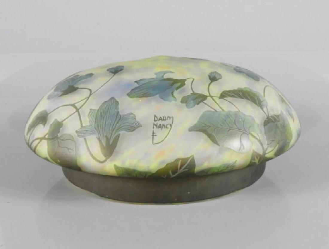 DAUM NANCY CROIX DE LORRAINE CAMEO GLASS SHADE: An exceptional Daum Nancy cameo glass shade, the frosted green ground acid-cut in relief with foliage and flower decoration, signed in cameo "Daum Nancy" with Croix de Lorraine, 13 inches diameter at