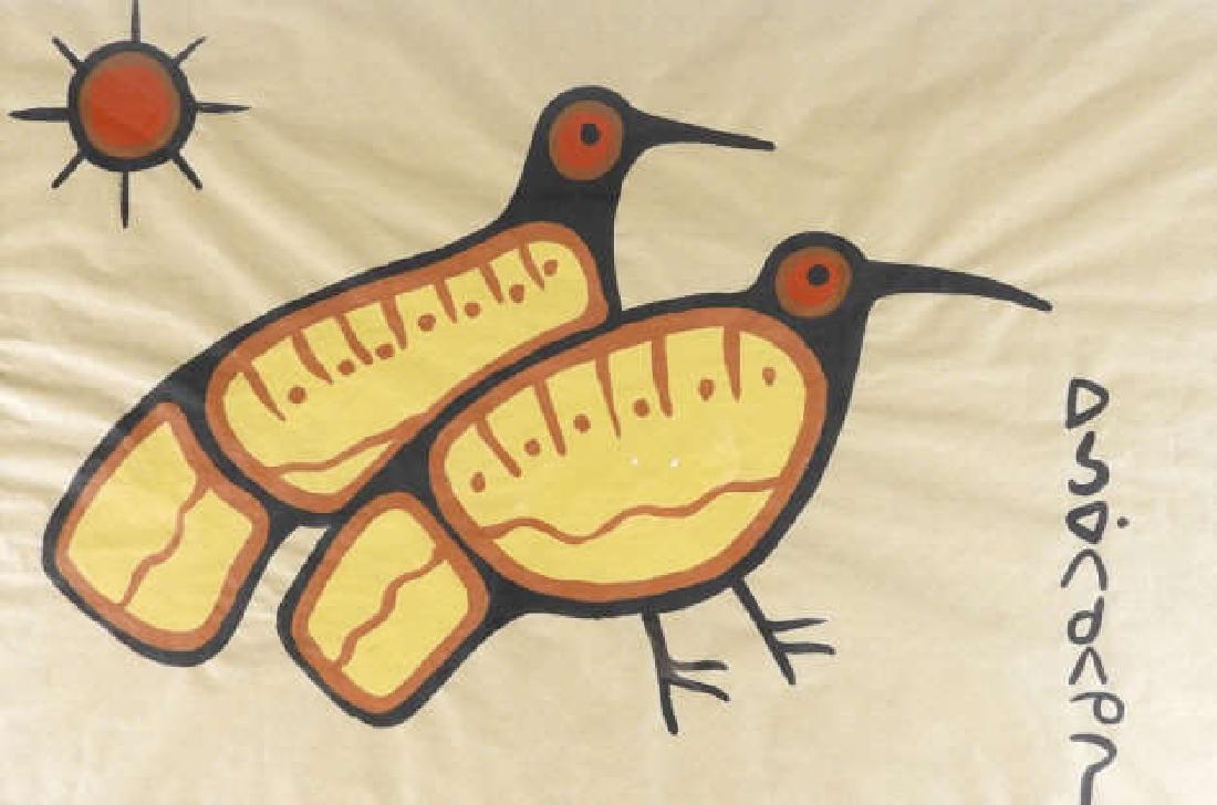 ART - Norval MORRISSEAU CM (1931-2007, Anishinaabe): Norval Morrisseau C.M., acrylic on paper, "Two Birds with Sun", circa 1965, complete with Maslak McLeod Gallery appraisal dated April 28th, 2014, retail value, $13 000, 36 x 24 inches.