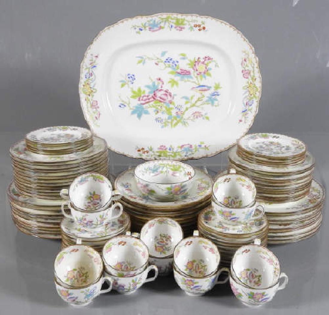 LARGE PARTIAL TABLEWARE SERVICE, MINTONS: Extensive partial tableware service, Mintons, "Cuckoo" pattern, to include: 18 dinner plates, 10 soup plates, 12 luncheon plates, 10 dessert plates, 10 bread plates, 9 teacups, 24 saucers, five bouill