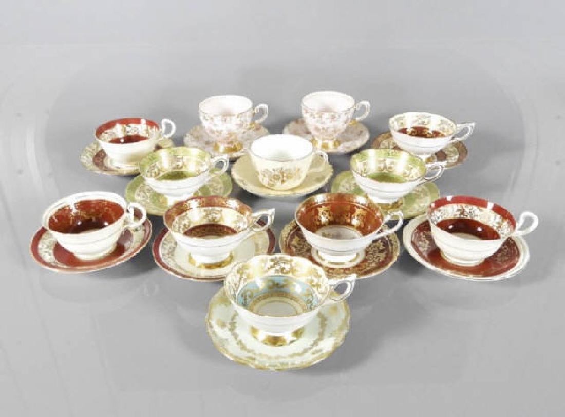ENGLISH TEACUPS & SAUCERS: Twelve English porcelain teacups and saucers, Royal Stratford, Aynsley, Paragon, Mintons, Tuscan.